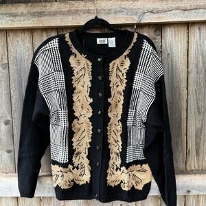 VTG black Ramie Cotton LUCIA black white gold SWEATER cardigan Size Large